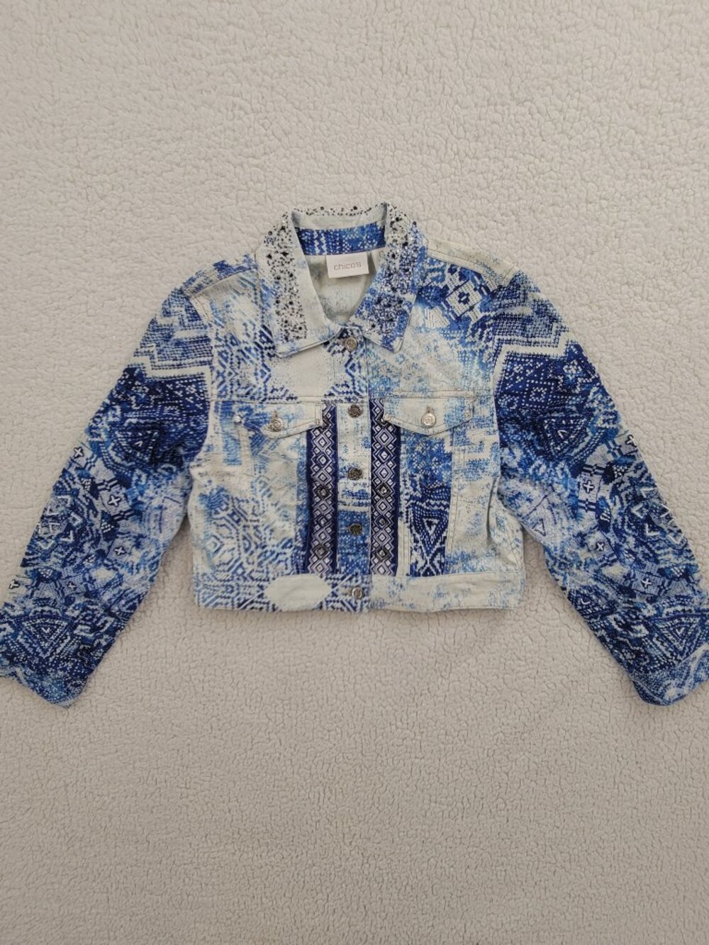 NWT Chico's Mixed Artisan Pattern Denim Jacket Mysterious Blue Beaded Size 0